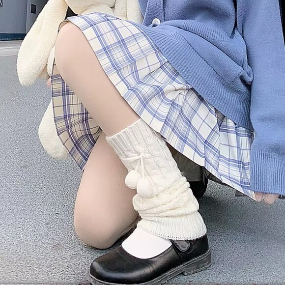 Accessories - Women's Leg Warmers Set White Knit with 2 Pom Pom Balls